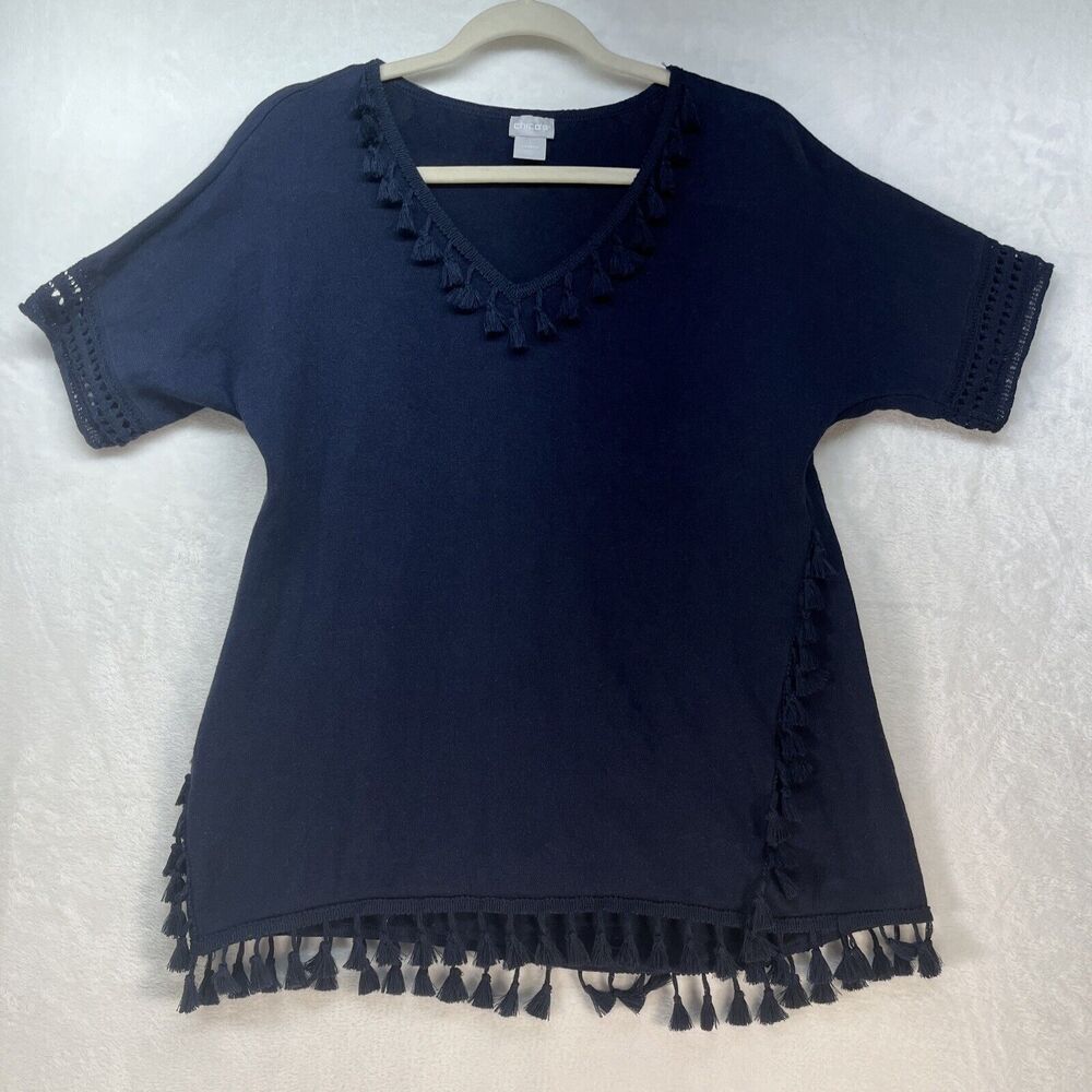 Chico’s Linen‎ Blend Crochet Sleeve Tassel Top Women’s Sz Medium Navy Lagenlook